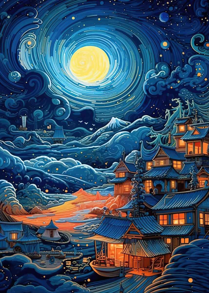 'Moon japan mountain ' Poster, picture, metal print, paint by ZLIZ DUCA ...