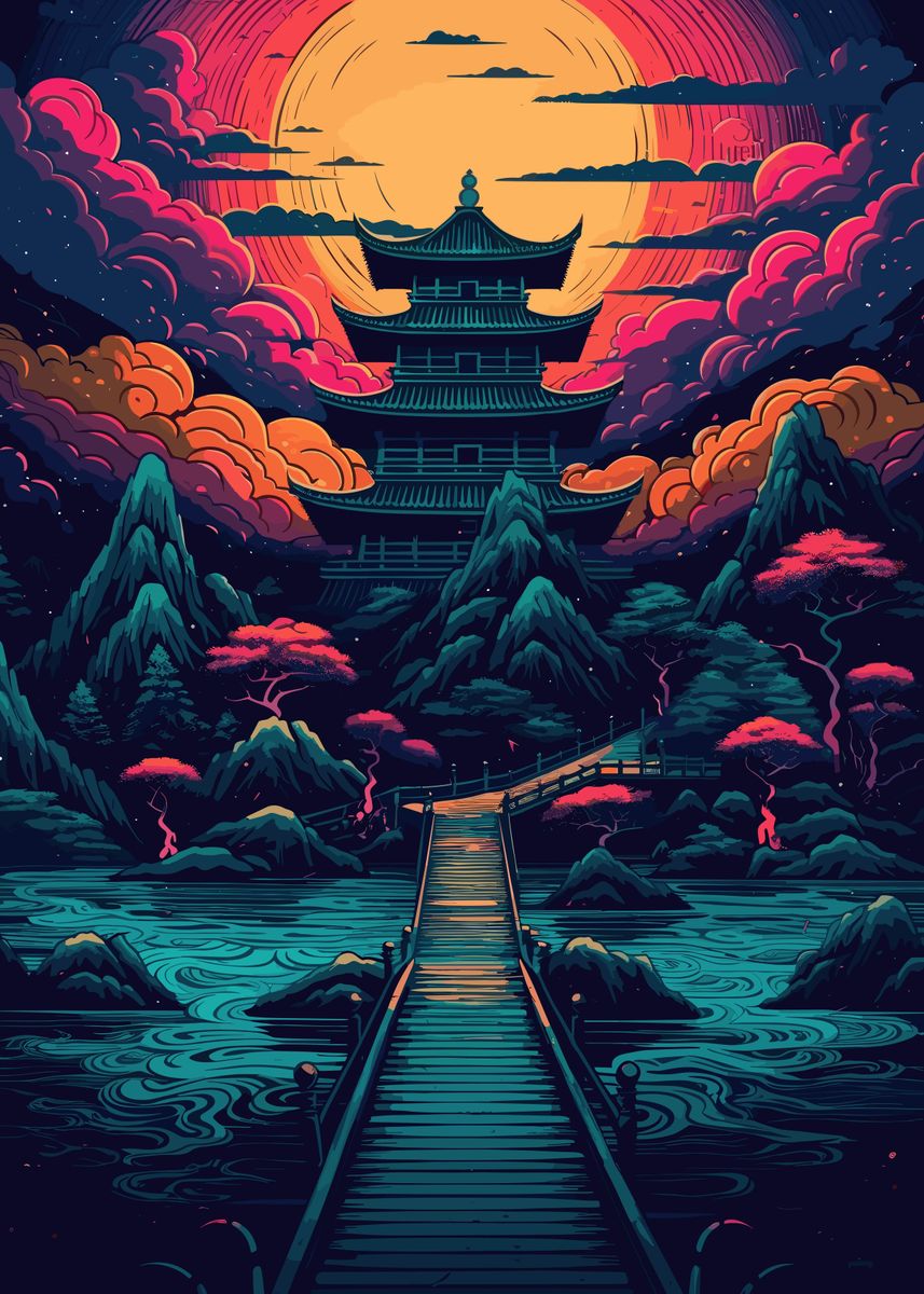 'Psychedelic Pagoda Temple' Poster, picture, metal print, paint by ...