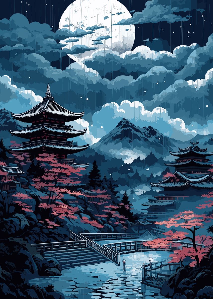Moon Japanese Landscape Poster Picture Metal Print Paint By Ardyce moon-japanese-landscape-poster-picture-metal-print-paint-by-ardyce