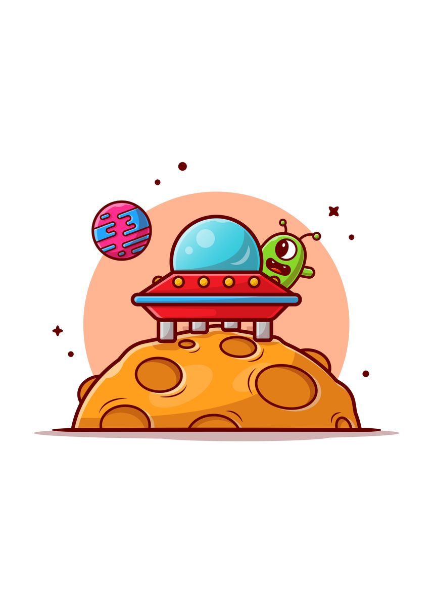 'Cute Alien UFO Spaceship' Poster, picture, metal print, paint by ...