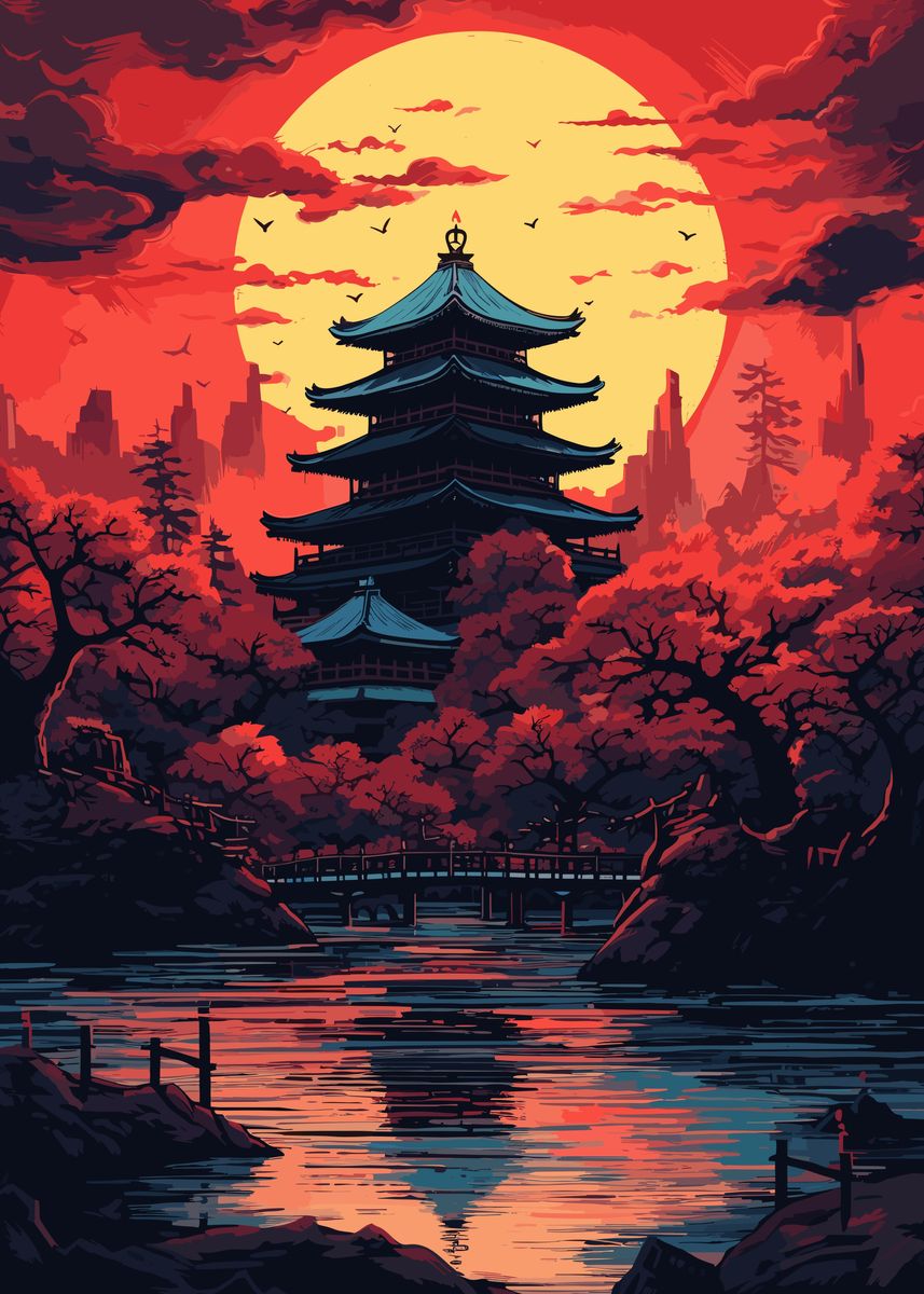 'Moon Japanese Landscape' Poster, picture, metal print, paint by Ardyce ...