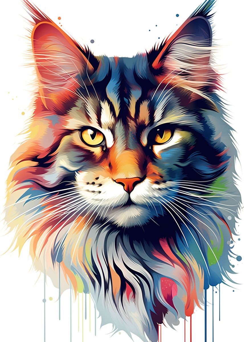 'Colorful Maine Coon Cat' Poster, picture, metal print, paint by ...