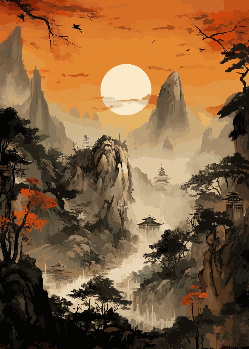 'Moon Japanese Landscape' Poster by Ted Ramsey | Displate