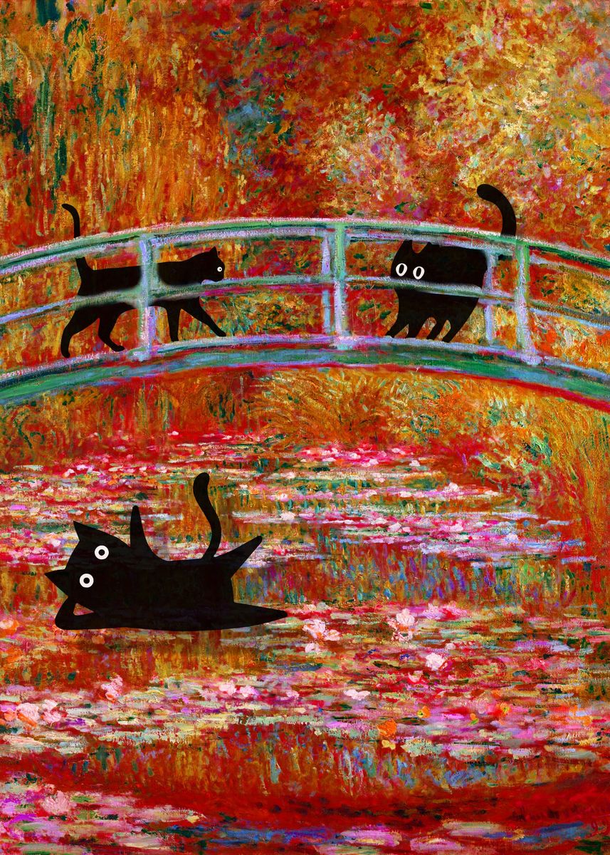 'BLACK Cat Monet WaterLily ' Poster, picture, metal print, paint by ...