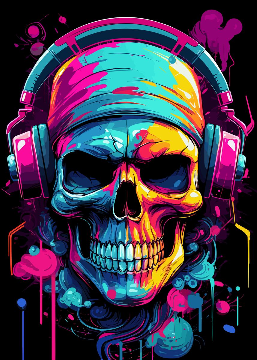 'Skull With Headphones' Poster, picture, metal print, paint by ...