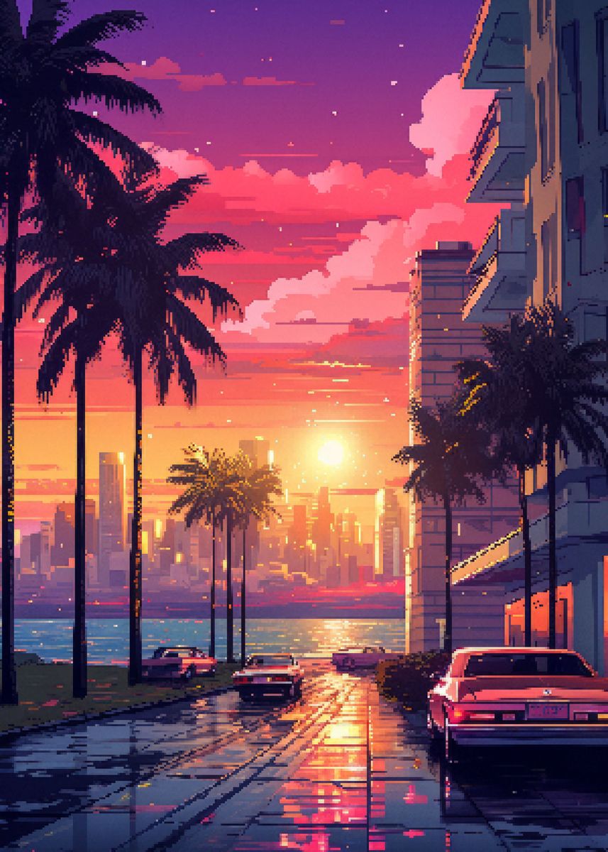 'Miami Pixel Art' Poster, picture, metal print, paint by Pucaaa | Displate