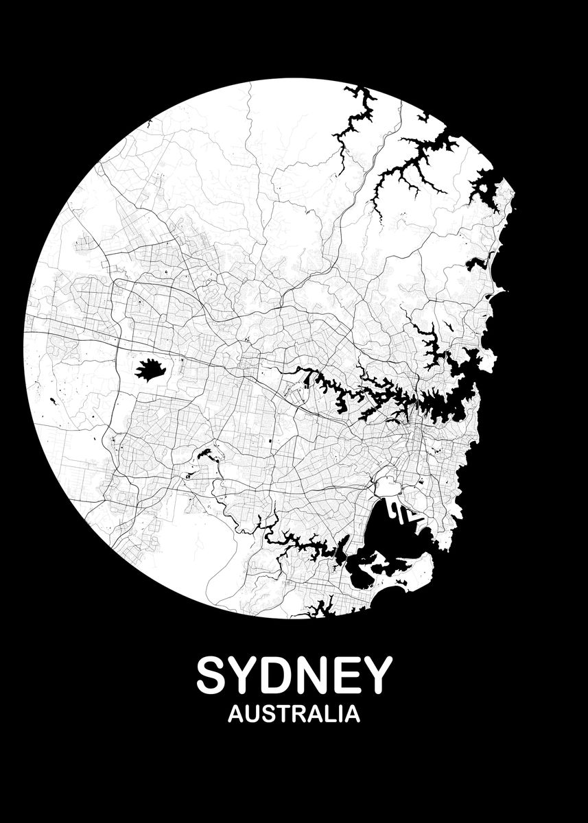 'Sydney Circular White Map' Poster, picture, metal print, paint by Wall ...