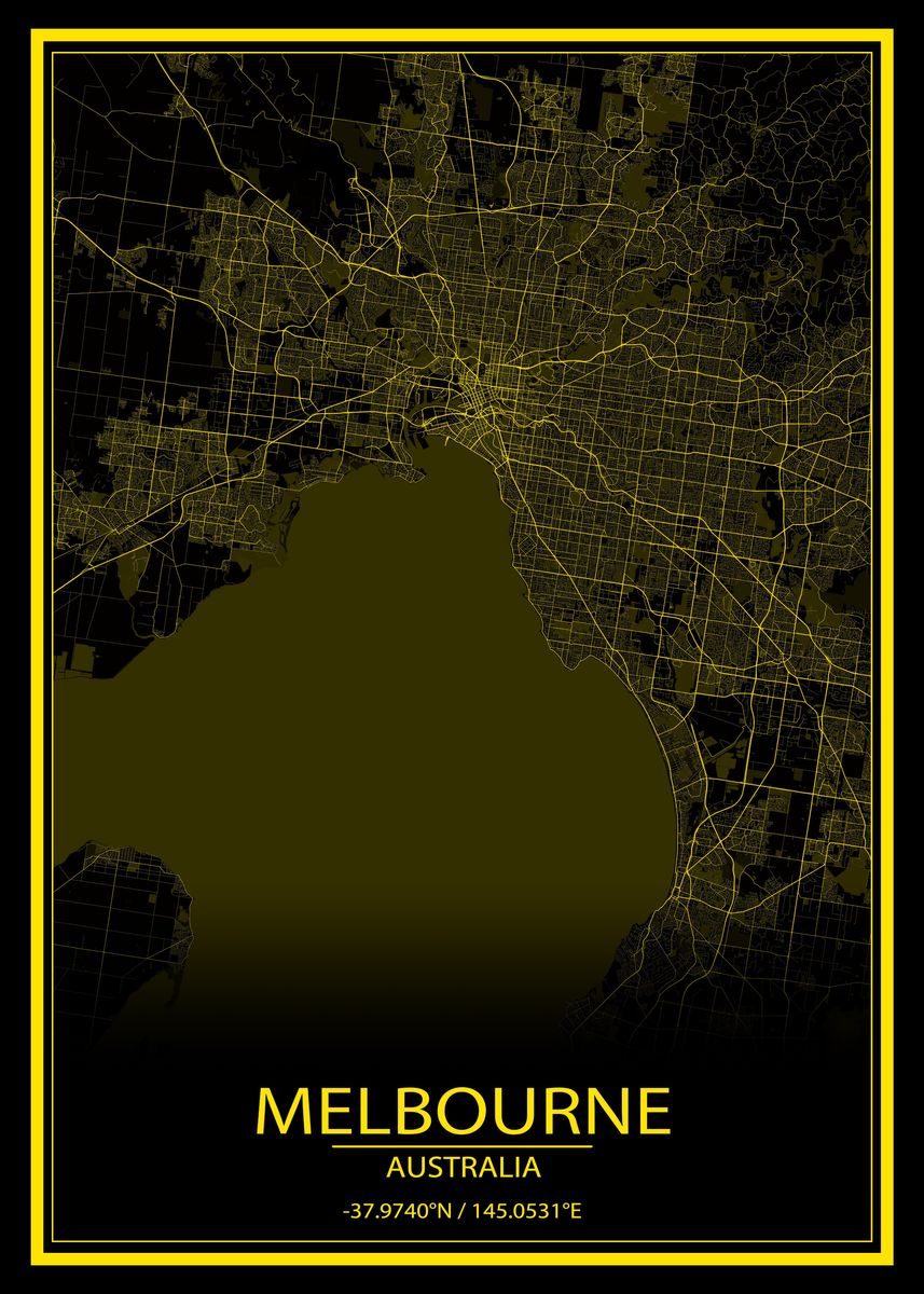 'Melbourne Black Yellow Map' Poster by Wall Art Physical | Displate