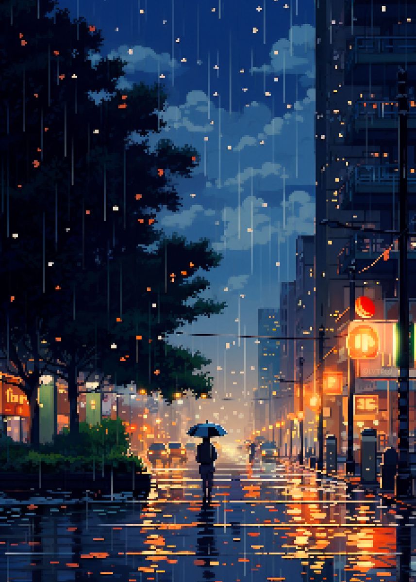 'Calm Rainy City Pixel Art' Poster, picture, metal print, paint by ...