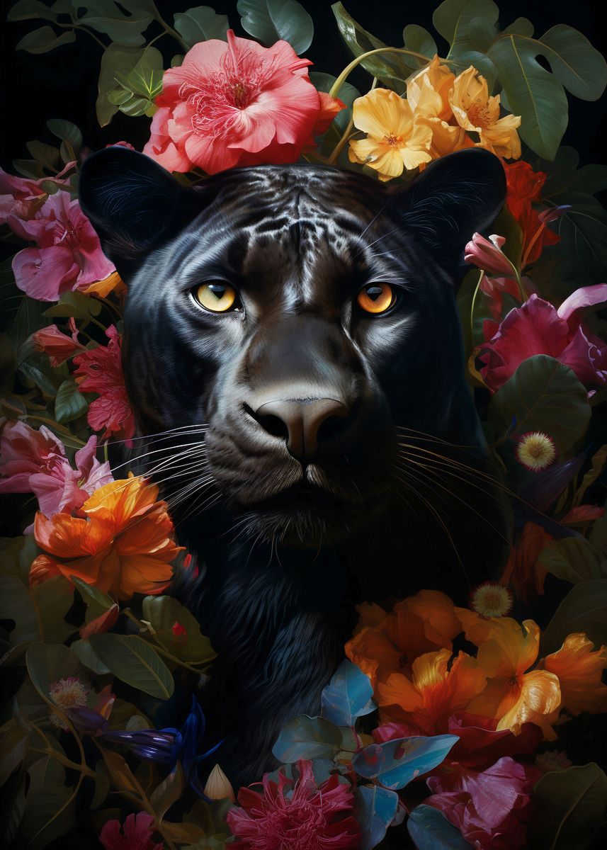 'Panther Flowers' Poster, picture, metal print, paint by Mateusz Ślemp ...