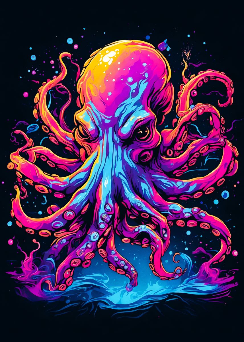 'neon Octopus ' Poster, Picture, Metal Print, Paint By Elz Art 