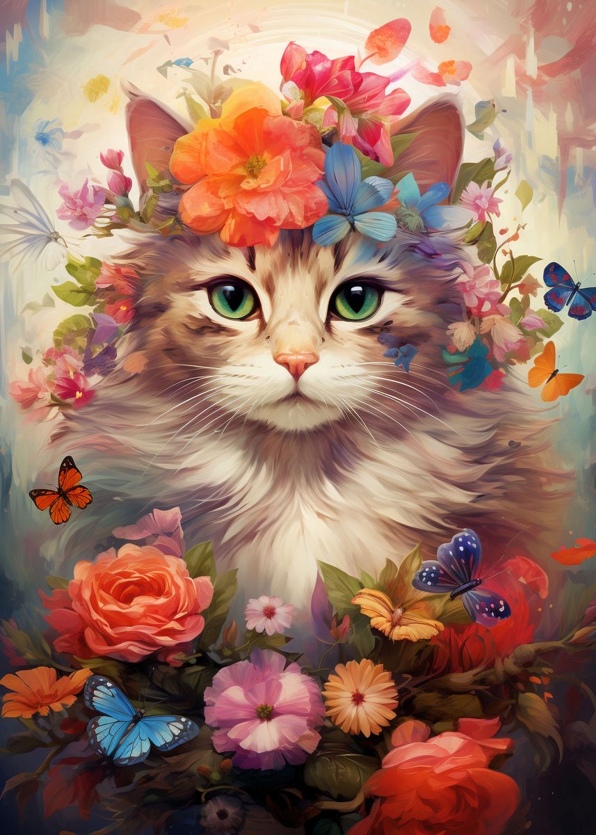 'Cat Flowers 3' Poster by Mateusz Ślemp | Displate