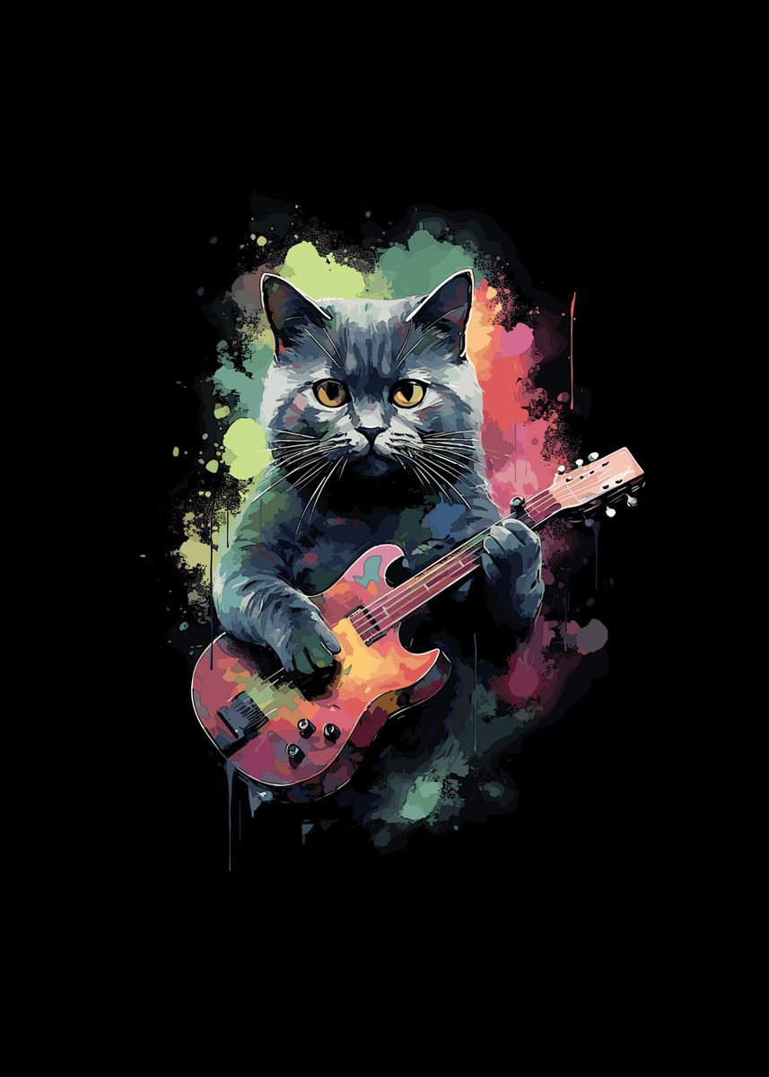 'cat playing guita' Poster, picture, metal print, paint by Martyn Mack ...