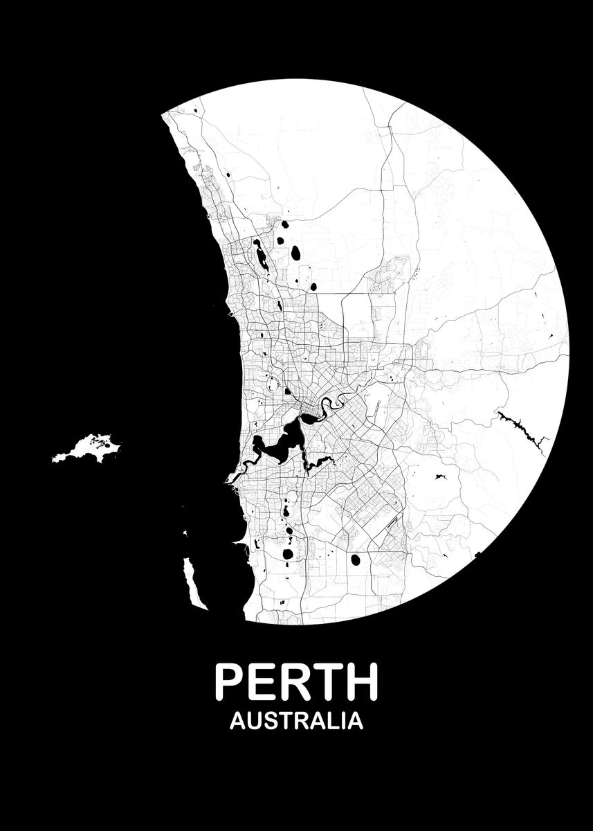 'Perth Circular White Map' Poster, picture, metal print, paint by Wall ...