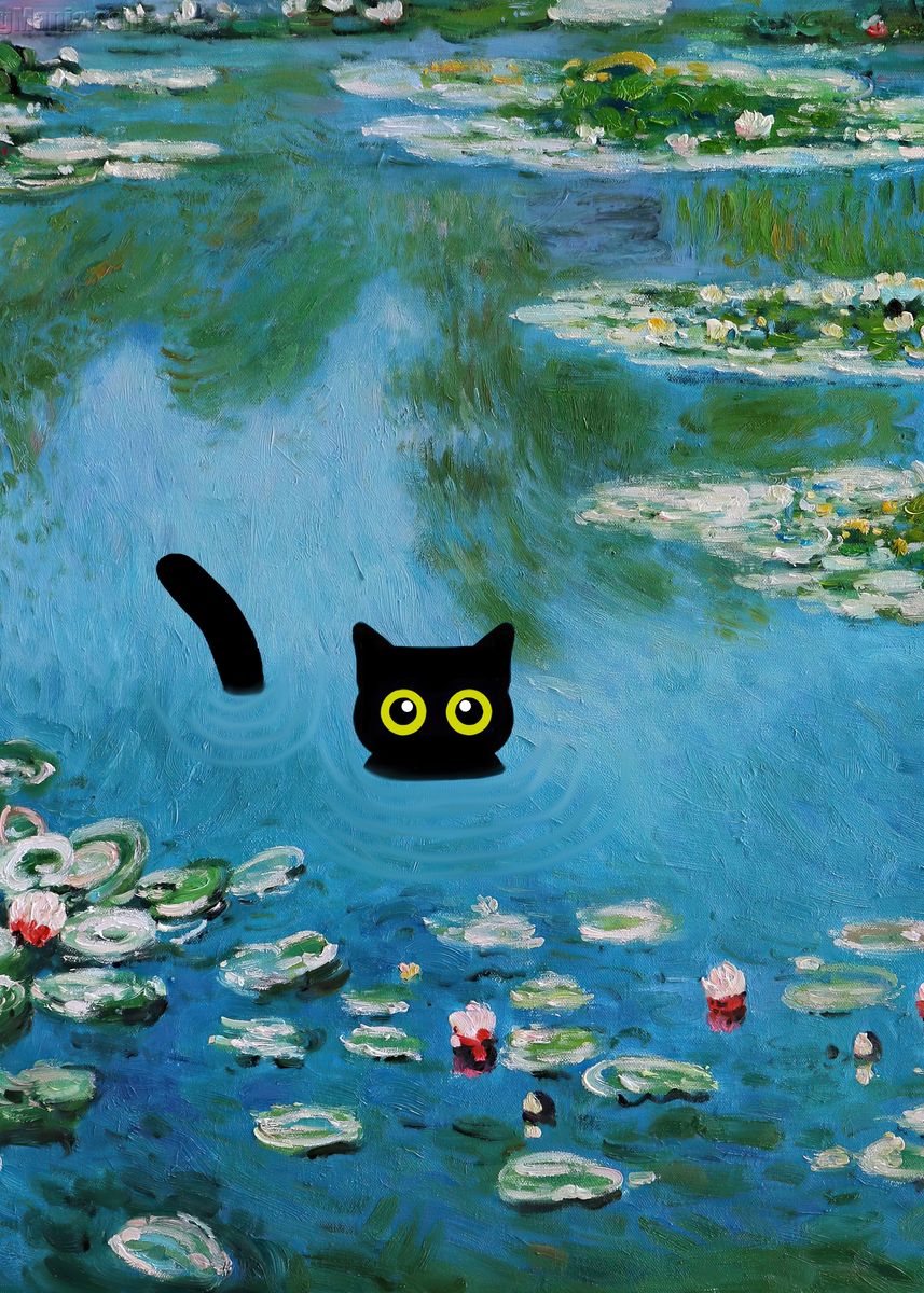 'Black Cat Monet WaterLily ' Poster, picture, metal print, paint by ...