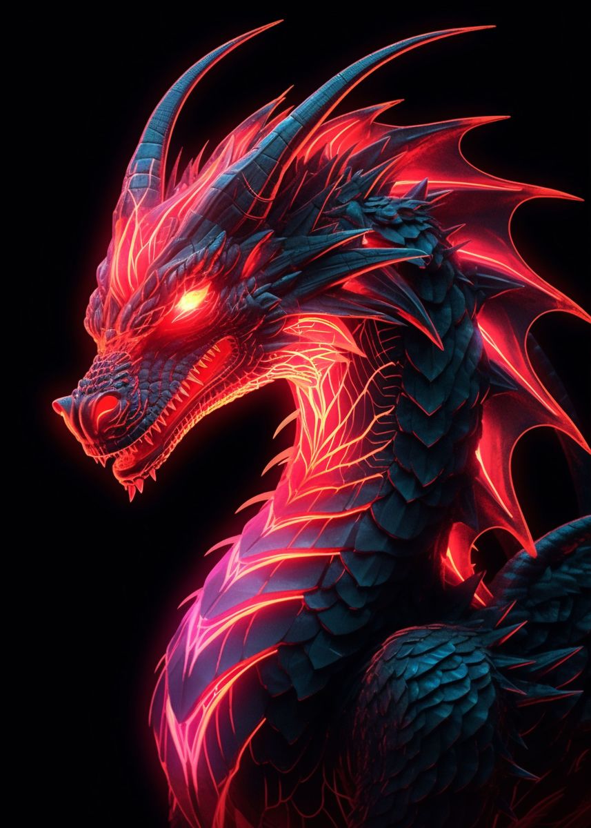 'Angry Neon Red Dragon' Poster, picture, metal print, paint by ...