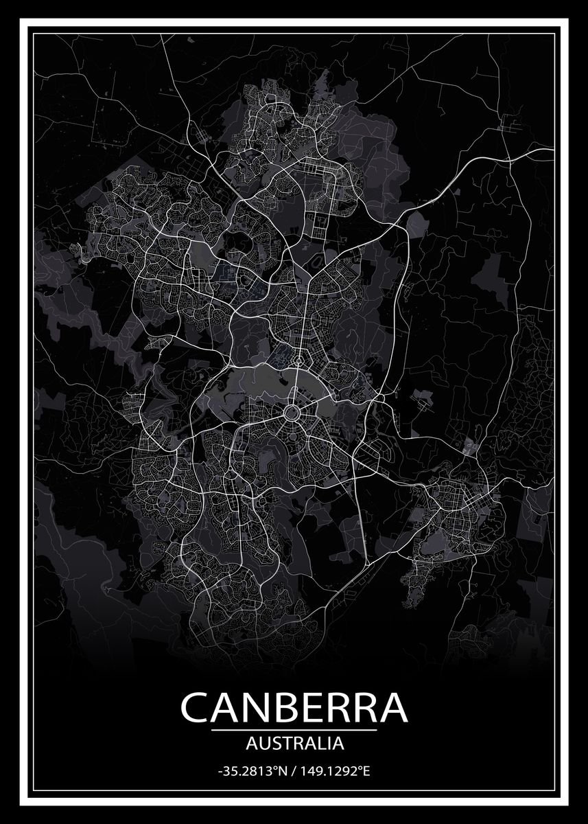 Canberra Black City Map Poster Picture Metal Print Paint By Wall Art Physical Displate