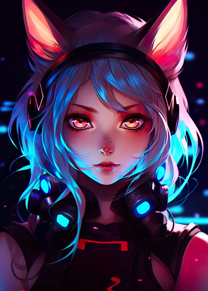 Neon Catgirl Chronicles' Poster, picture, metal print, paint by hassen  bouchemma