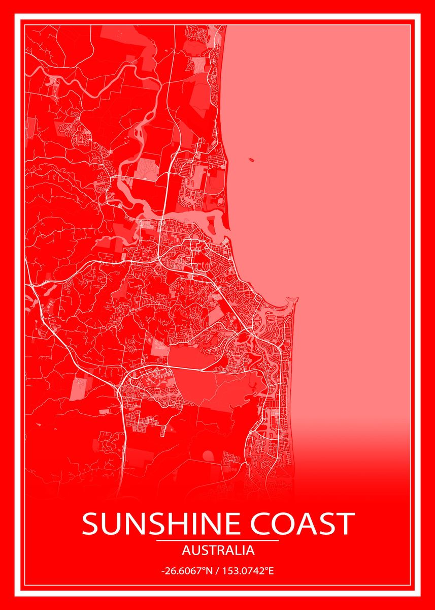 'Sunshine Coast RedWhiteMap' Poster, picture, metal print, paint by ...