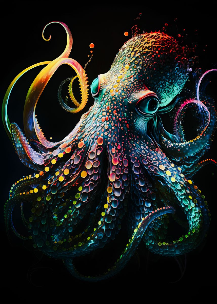 'Neon Octopus' Poster, picture, metal print, paint by Dream Reality ...