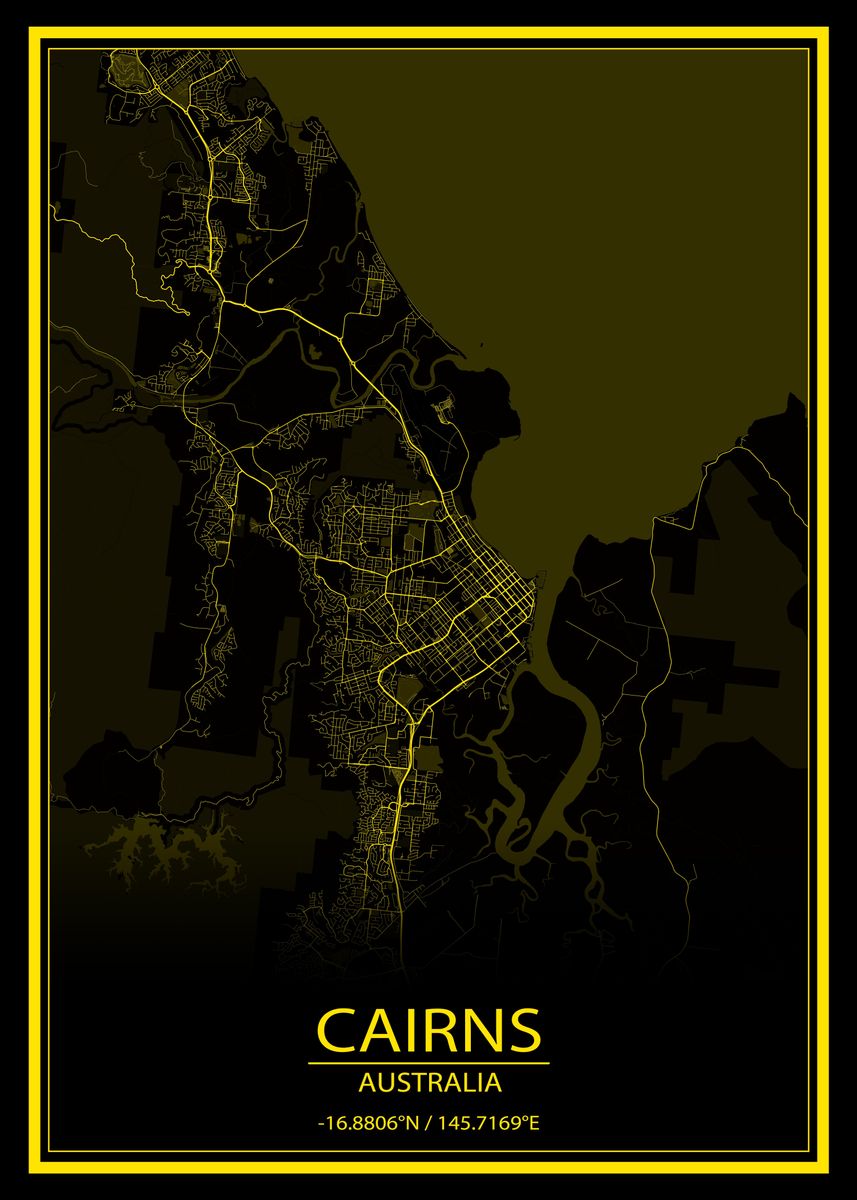 'Cairns Yellow Black Map' Poster, picture, metal print, paint by Wall