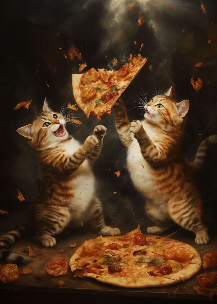 'Pizza Cat Food Fight' Poster, picture, metal print, paint by Voxel