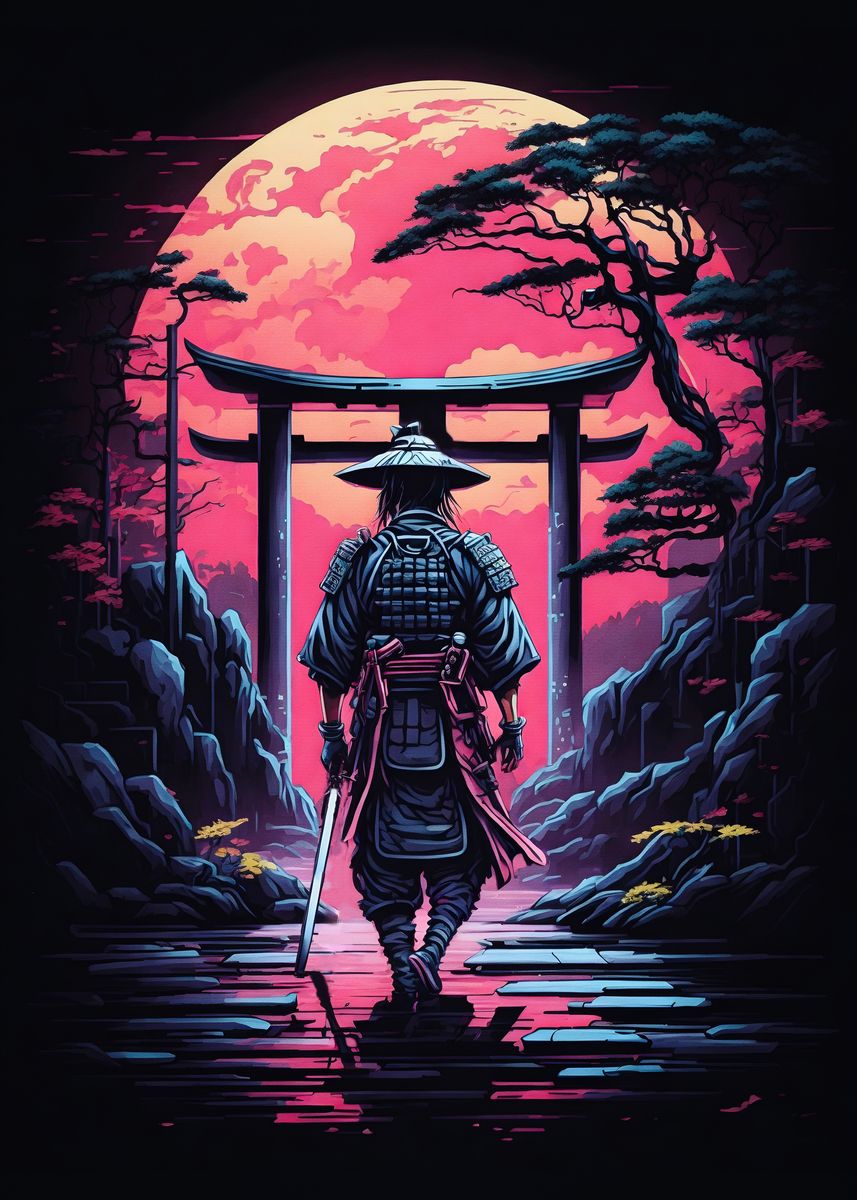 'Fantasy Samurai Red Moon' Poster, picture, metal print, paint by ...