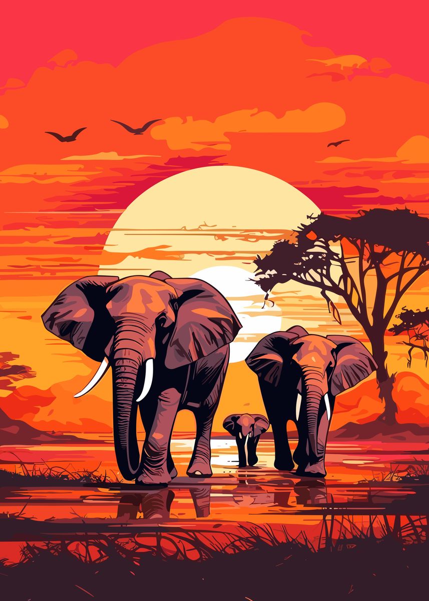 'Elephants Africa Sunset' Poster, picture, metal print, paint by Ardyce ...