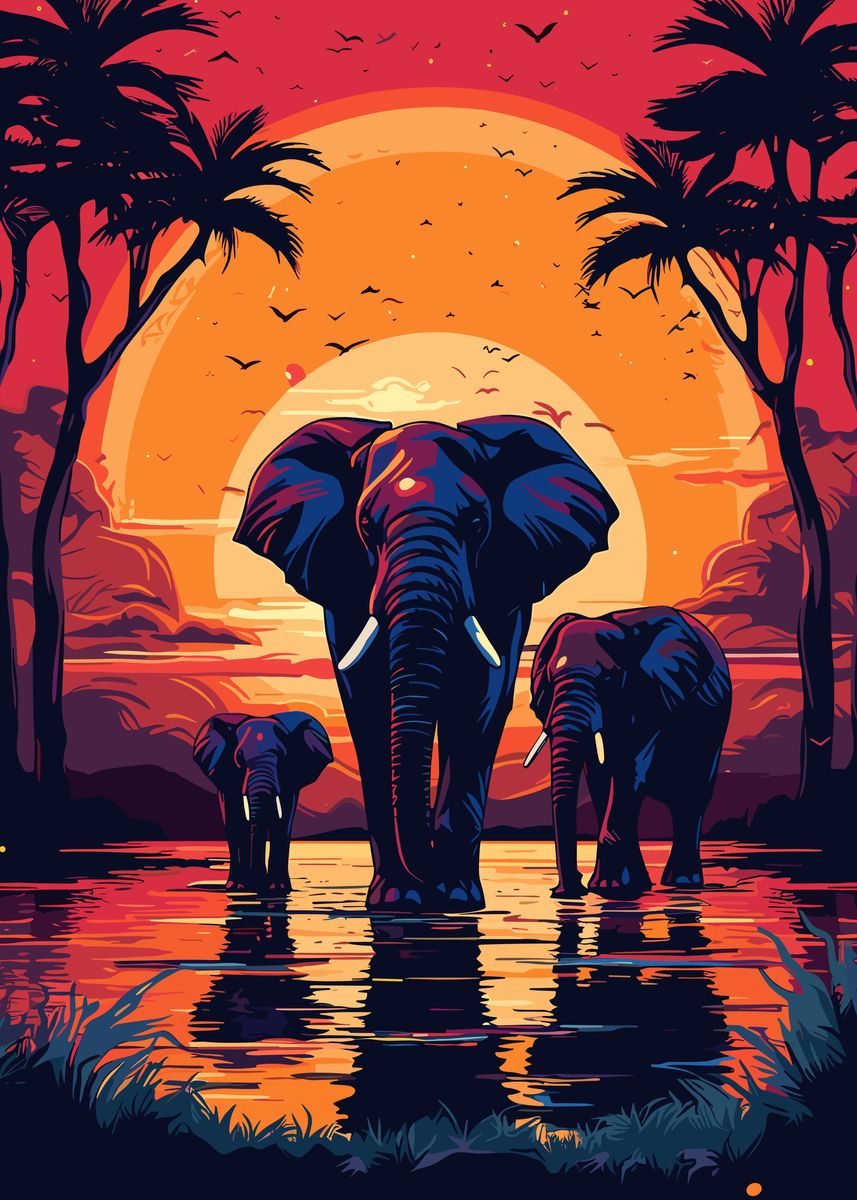 elephants-africa-sunset-poster-picture-metal-print-paint-by-ardyce