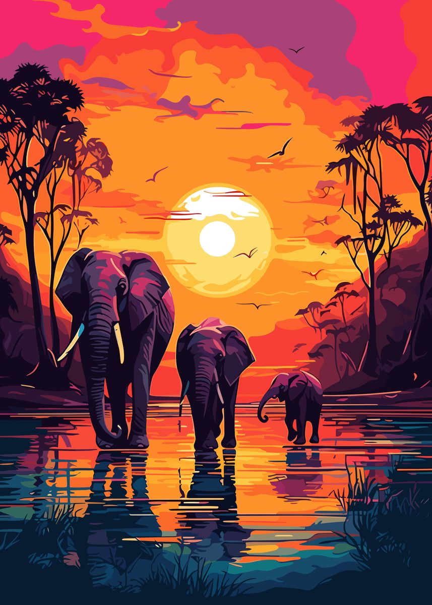 'Elephants Africa Sunset' Poster, picture, metal print, paint by Ardyce ...