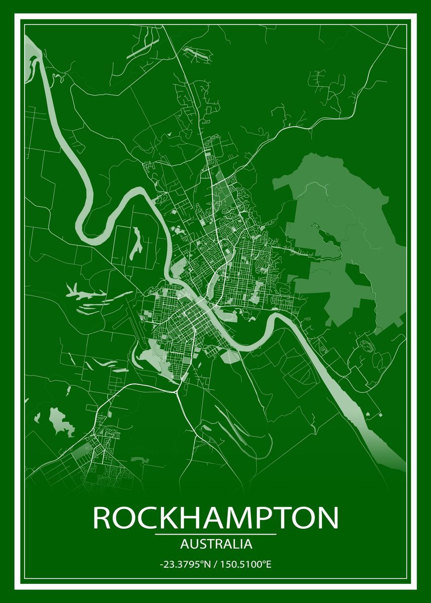 'Rockhampton Green City Map' Poster, picture, metal print, paint by Wall Art Physical Displate