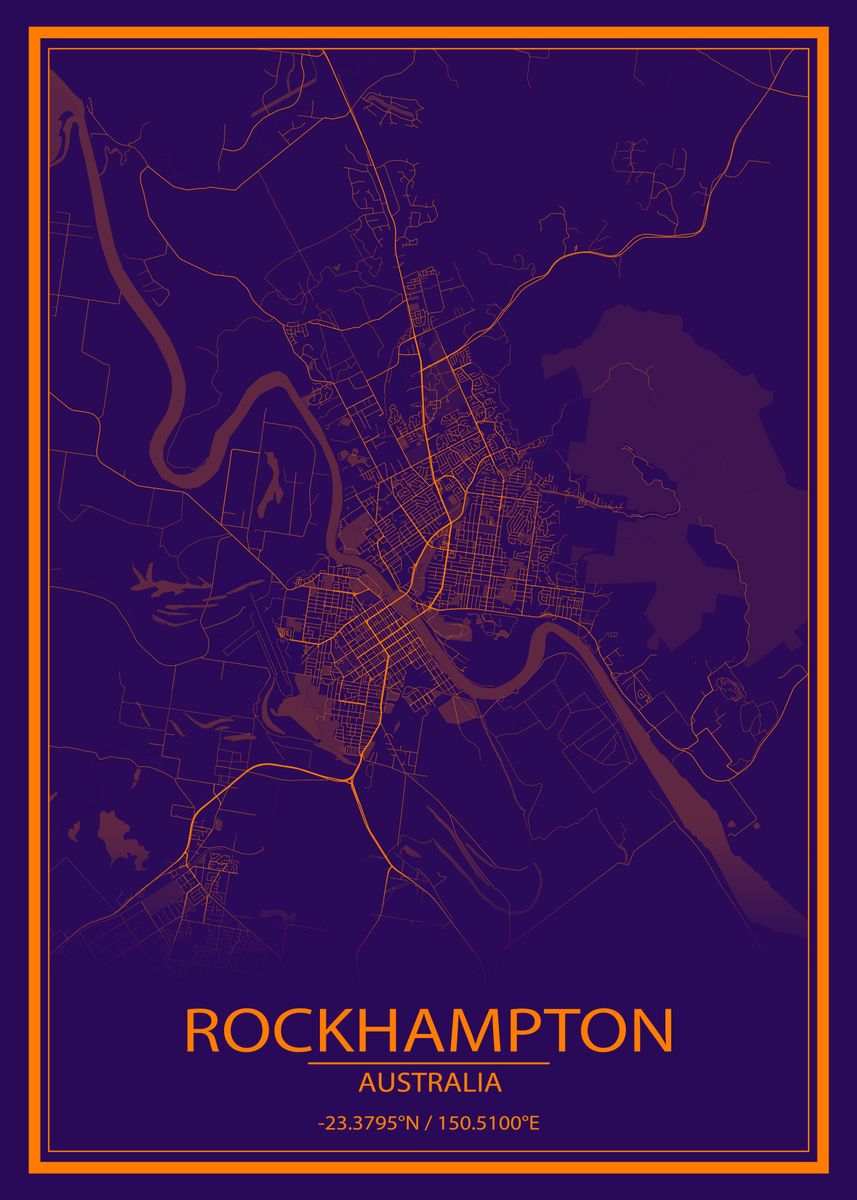 'Rockhampton AUS Purple Map' Poster, picture, metal print, paint by