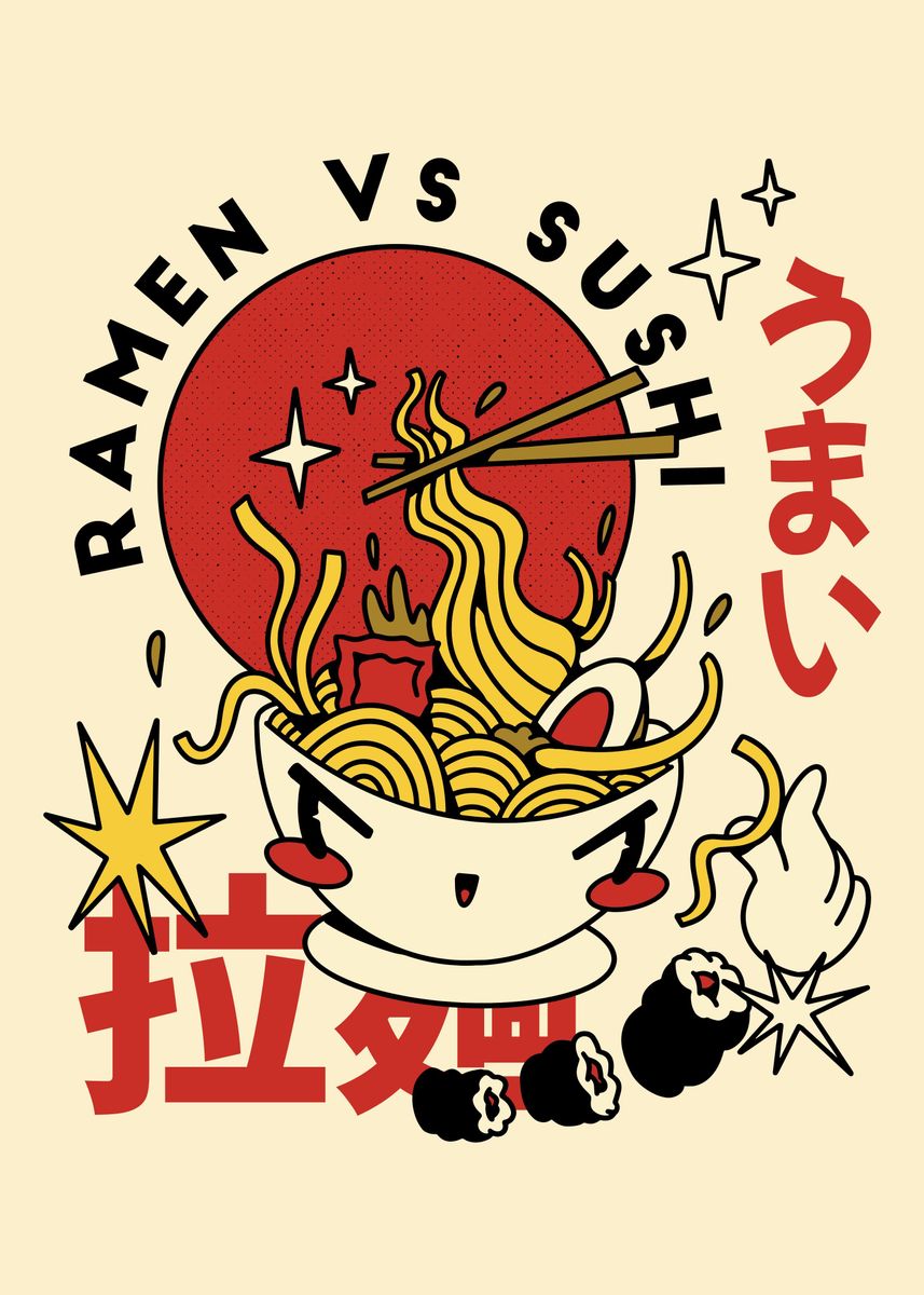 'Ramen vs Sushi' Poster, picture, metal print, paint by ArtNinja Displate