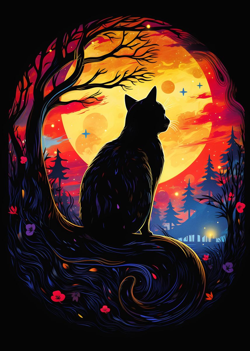 'Cat Moonlight' Poster, picture, metal print, paint by Dream Reality ...