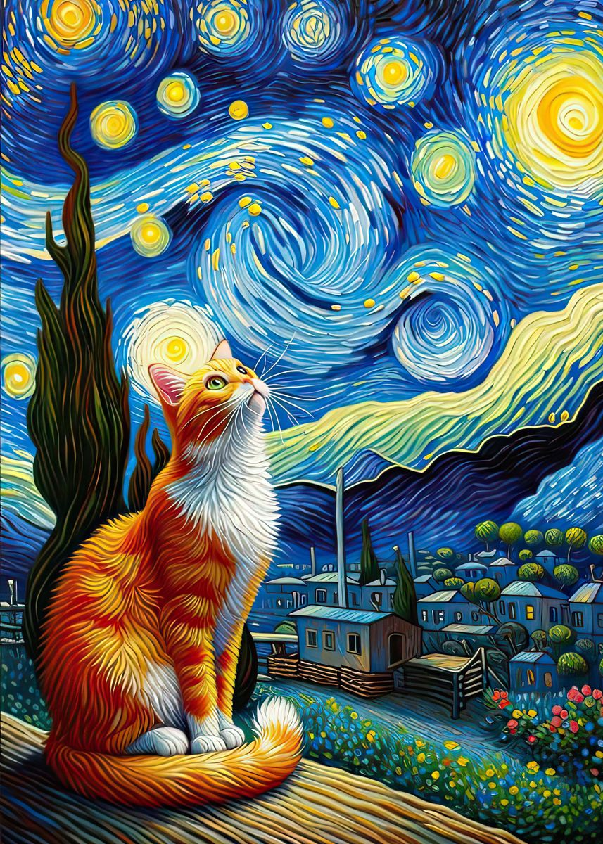 'Starry Night Cat Orange' Poster, picture, metal print, paint by gani ...