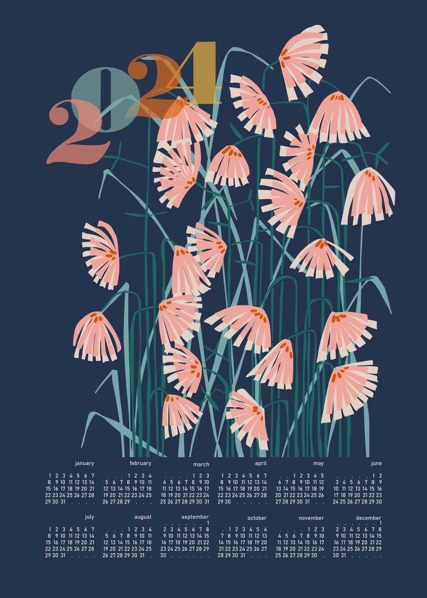 'calendar 2024 flowers blue' Poster, picture, metal print, paint by ...