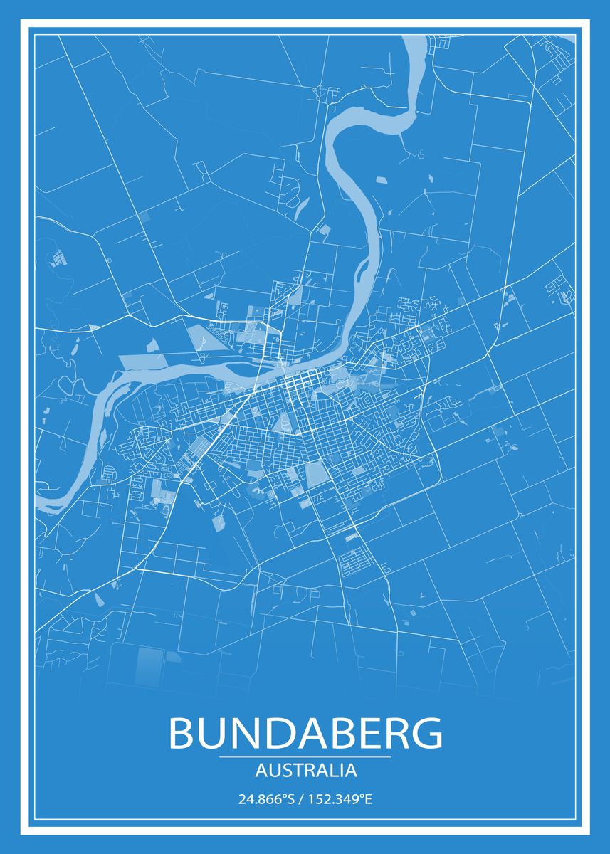 'Bundaberg AU Blue City Map' Poster, picture, metal print, paint by