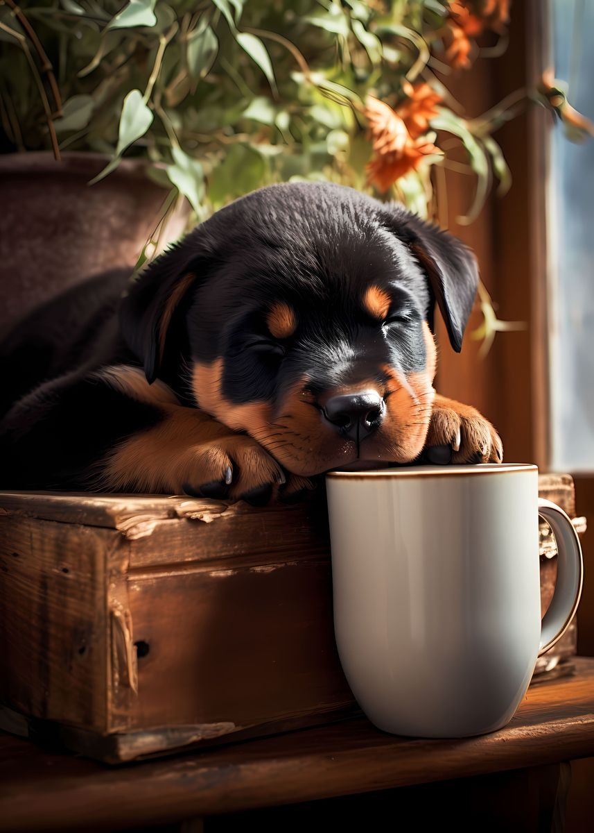 'Rottweiler Coffee Pup Dog' Poster, picture, metal print, paint by ...