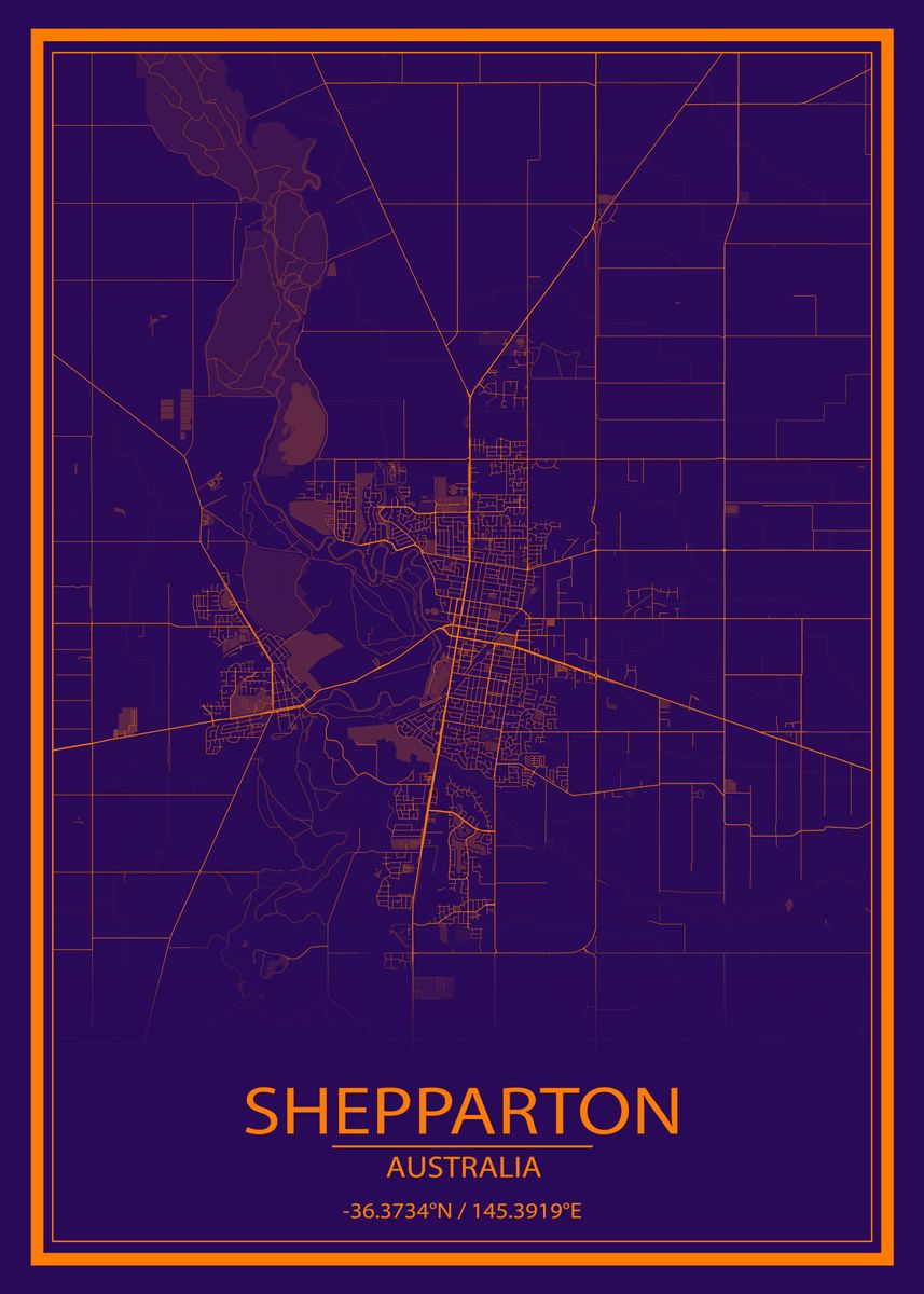 'Shepparton AUS Purple Map' Poster, picture, metal print, paint by Wall