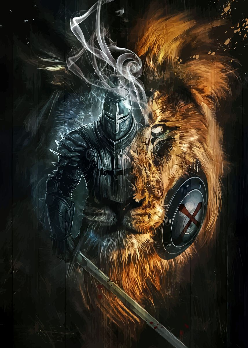 'Awesome Warrior And Lion' Poster, picture, metal print, paint by ...