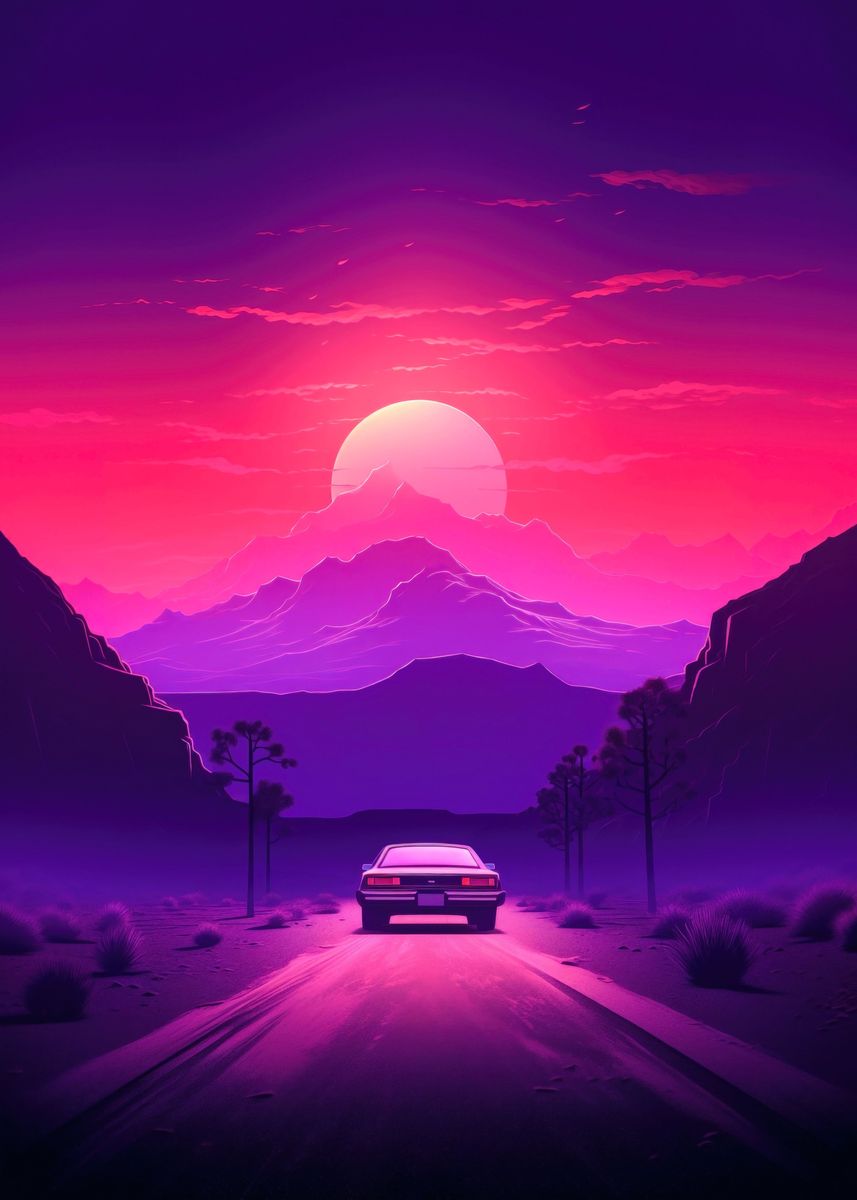 'Synthwave Sunset Car' Poster by Lootprint | Displate