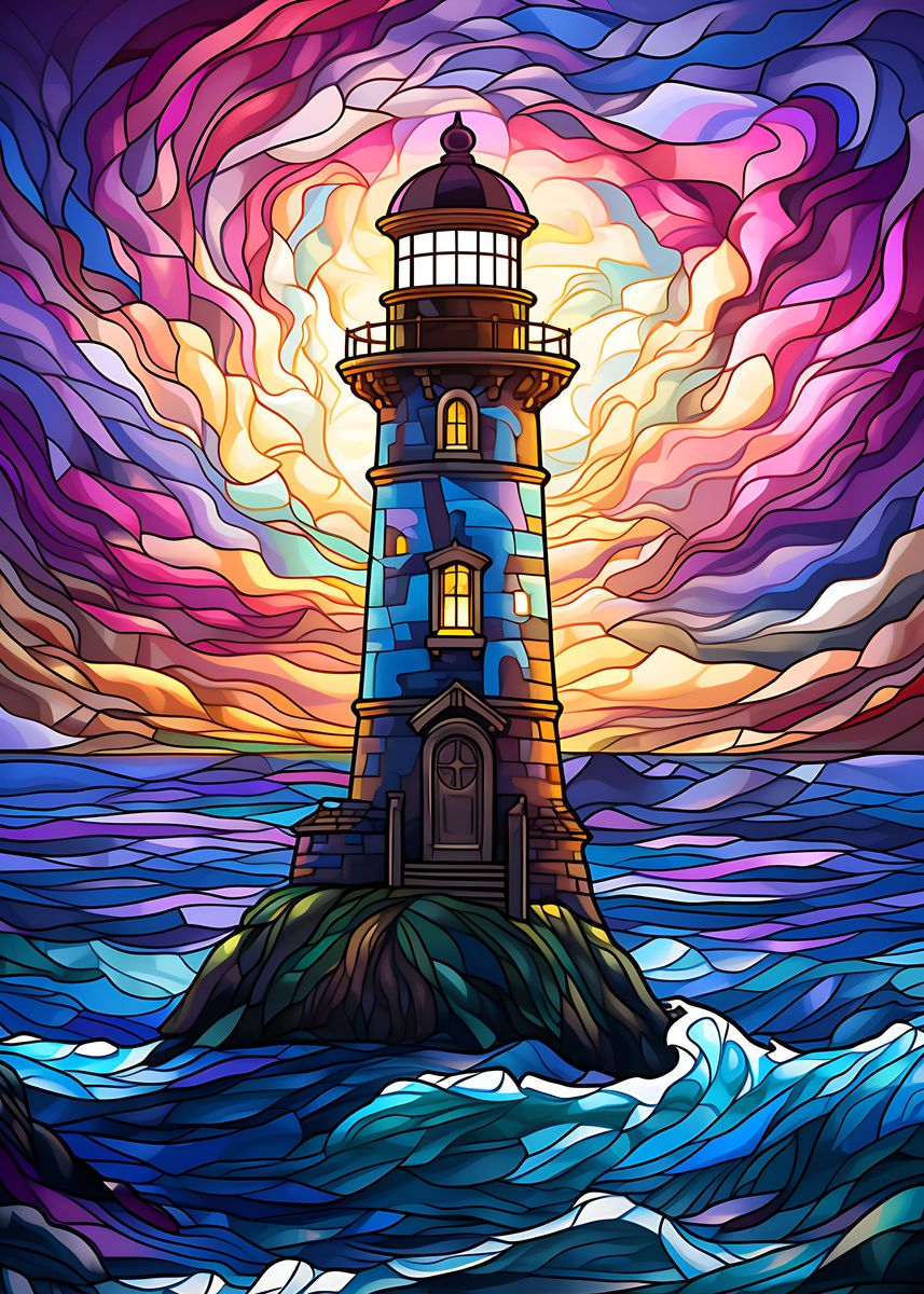 'Lighthouse in Stained Glas' Poster, picture, metal print, paint by ...