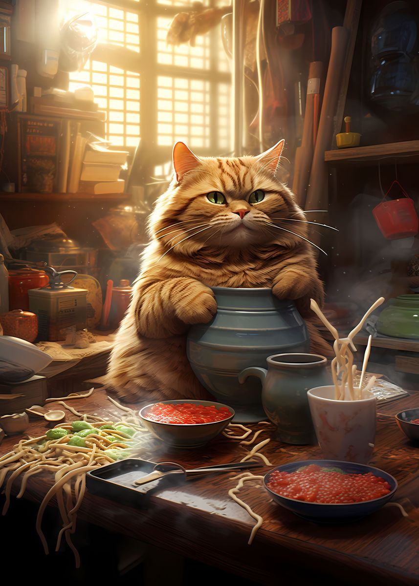 'Fat Cat Noodles Ramen Food' Poster, picture, metal print, paint by ...