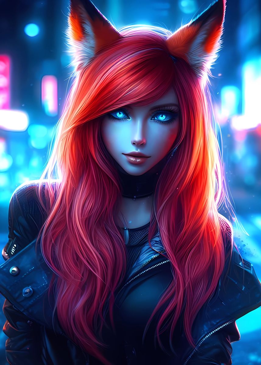 'Fox Girl Blue Neon Anime' Poster, picture, metal print, paint by