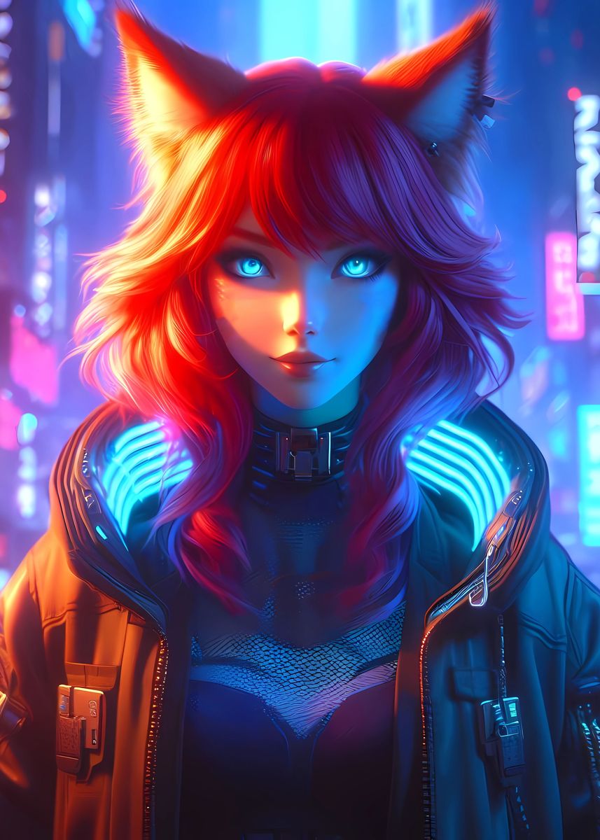 'Fox Girl Blue Neon Anime' Poster, picture, metal print, paint by ...