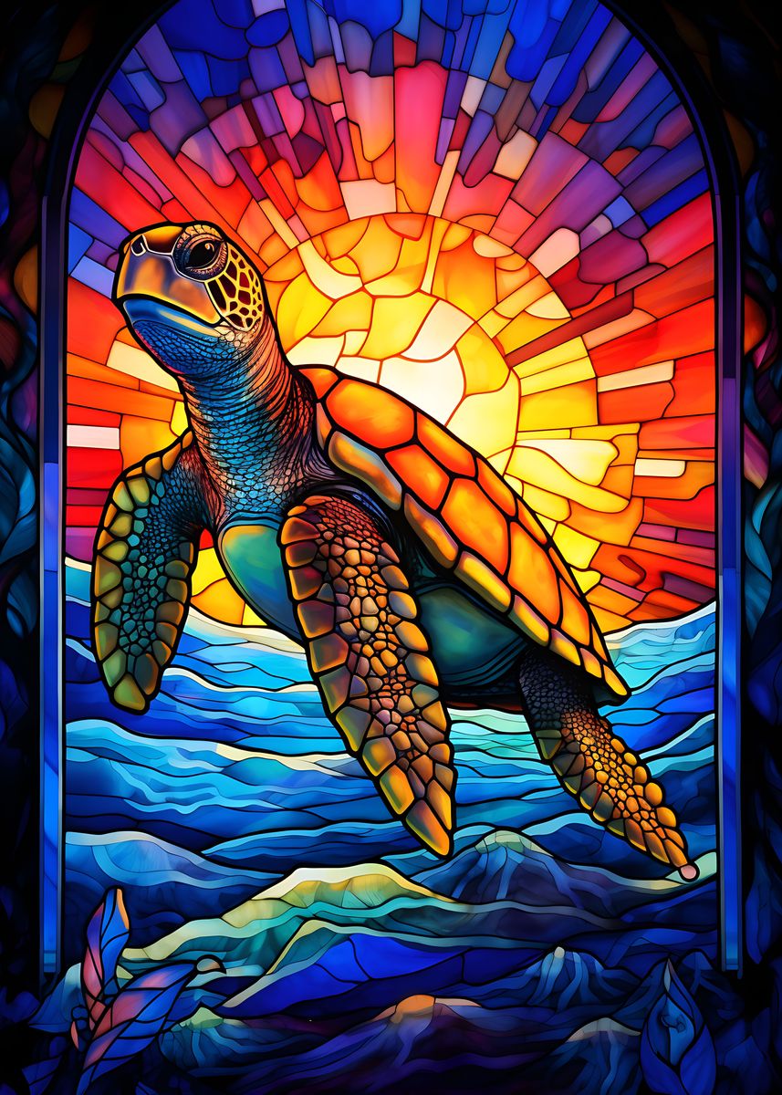 'Sea Turtle Stained Glass' Poster, picture, metal print, paint by ...