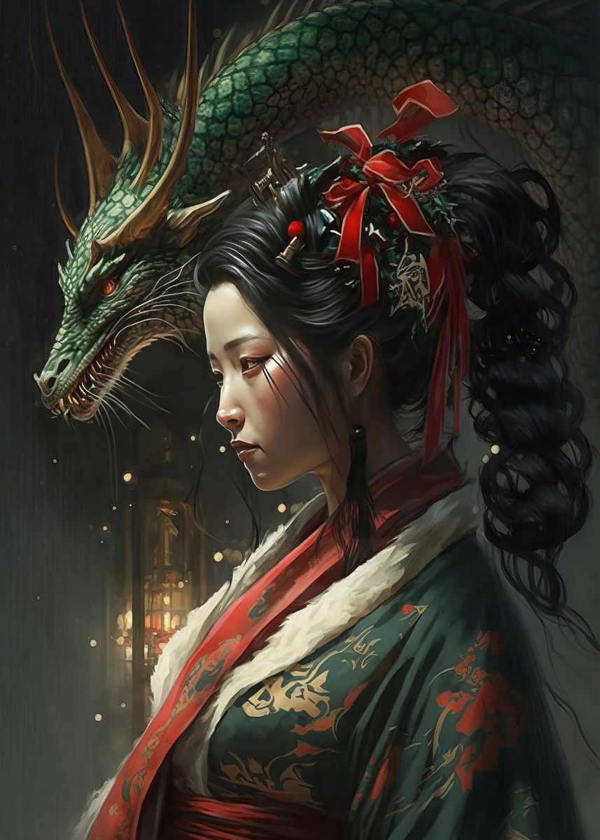 'Geisha Dragon christmas' Poster, picture, metal print, paint by ...