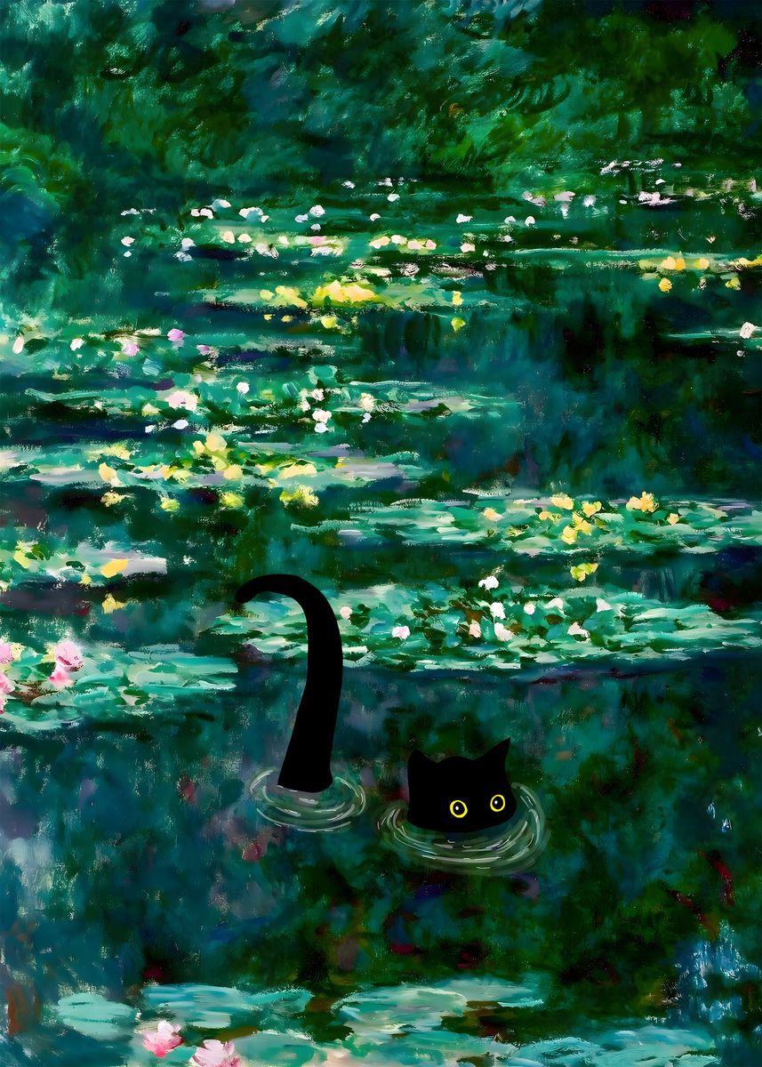 'Monet Waterlilies Cat' Poster, picture, metal print, paint by ...