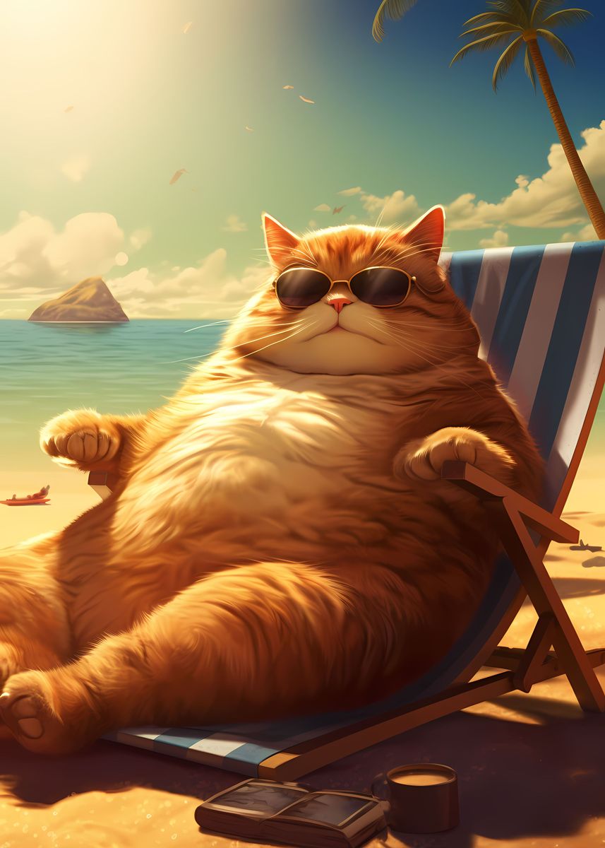 'Fat Cat Chilling Sun Beach' Poster, picture, metal print, paint by ...