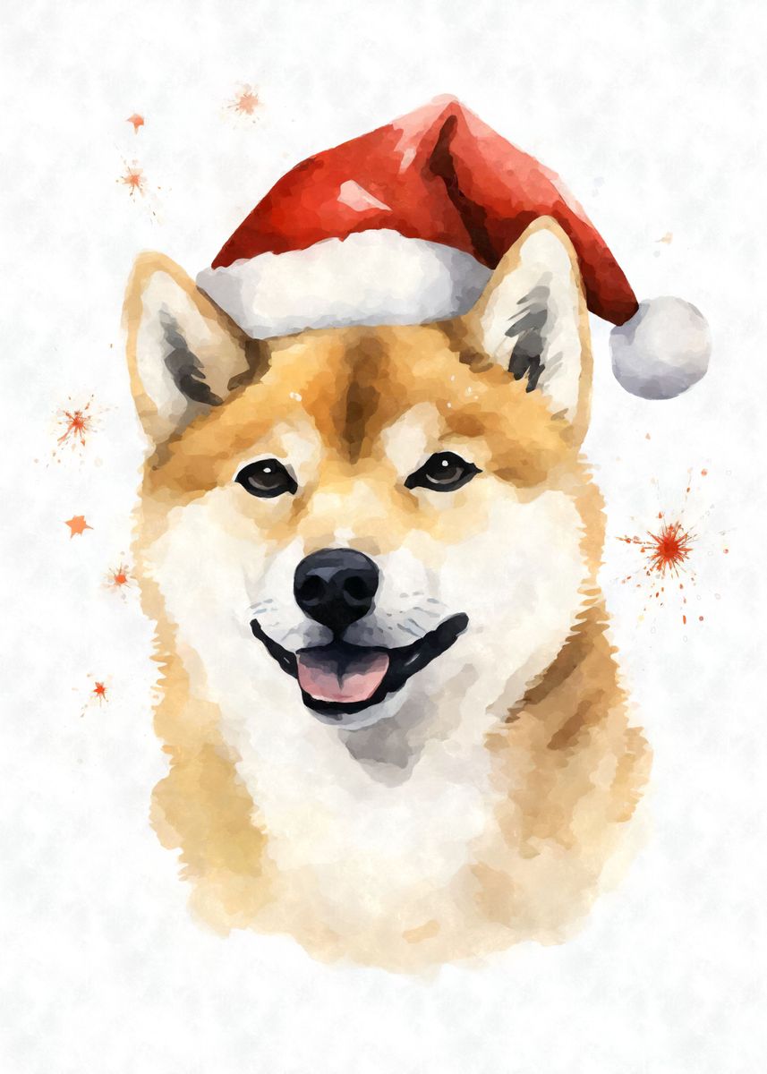 'Shiba Inu Santa Hat Xmas' Poster, picture, metal print, paint by ...